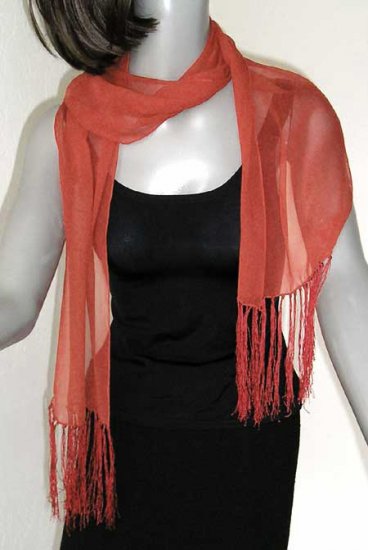 Rust Orange Scarf, Persimmon Red, Tangerine Scarf, Burnt Orange, Silk Chiffon, fringe.