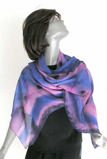 Hand Painted Silk Chiffon Shawl Silver Rose Lavender, by JOSSIANI