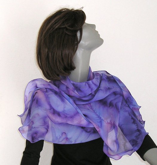 Large Hand Painted Silk Scarf Colorful Lilac, Lavender, Violet, artist JOSSIANI, Made to Order.