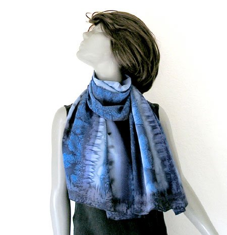Large Blue Scarf, Hand Painted Silk Small Shawl, Blues Greys Black, Unique by JOSSIANI