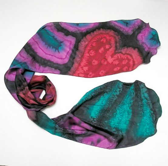 Hand Painted Silk Scarf Colorful Teal Blue, Red Pink Black Violet, OOAK by JOSSIANI