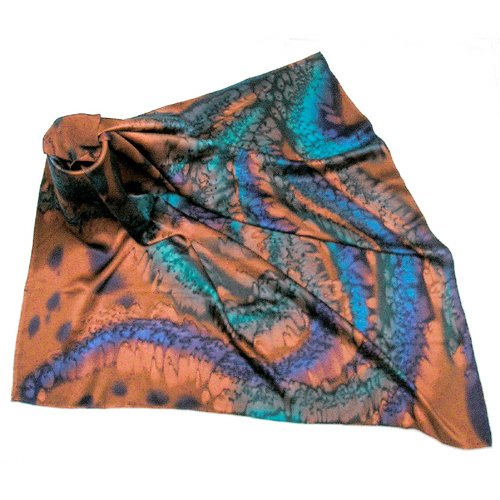 Hand Painted Silk Charmeuse Square Scarf Rust, Iron, Majolica Blue, by Jossiani