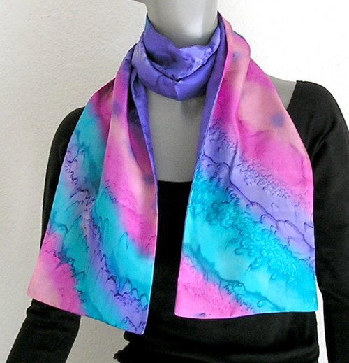 Hand Painted Silk Scarf Purple Pink Teal, Unique JOSSIANI silk creation