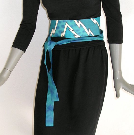 Sash Belt Obi, Lagoon Indigo Ivory Hand Painted Silk, Cummerbund, JOSSIANI
