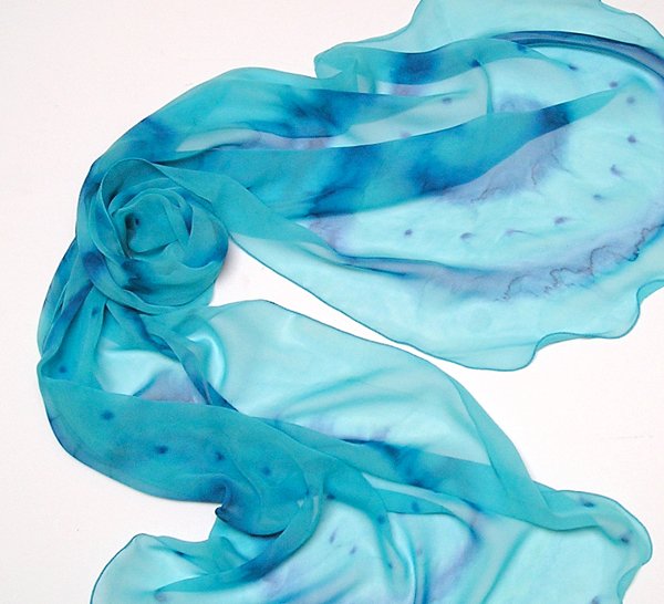 Hand Painted Silk Chiffon Shawl Wrap, Turquoise, Indigo, Lapis Blue, JOSSIANI