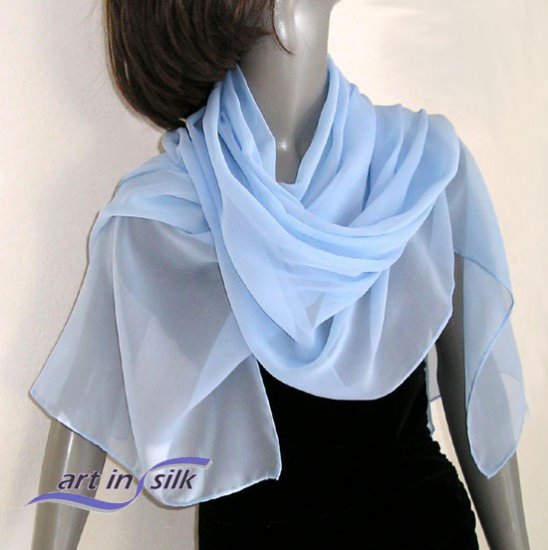 Light Blue Wrap, Sky Powder Azure Silk Chiffon Shawl, Bridal Wrap, Hand Hemmed