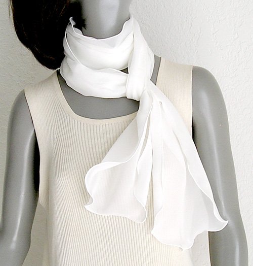 Diamond White Long Scarf or Bridal Sash Belt, Pure Mulberry Silk Chiffon, 9"x92"