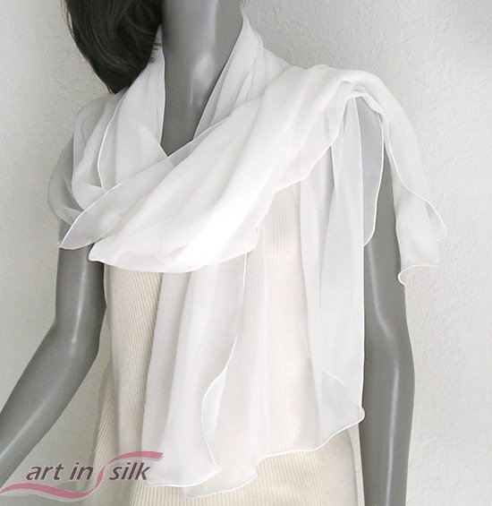 Off White Silk Chiffon 10mm Shawl, light ivory bridal Wrap, Evening Stole, 21" x 68".