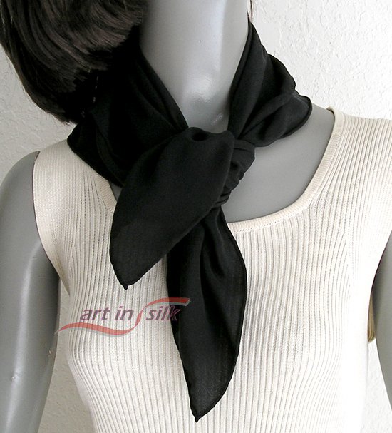 Black Small Square Scarf Silk Crêpe Hand Hemmed, Natural Pure Crepe Silk, 21" x 21".