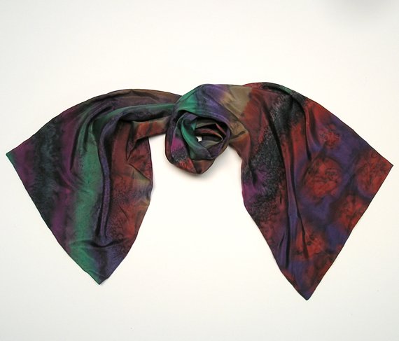 Hand Painted Silk Scarf, Multicolor dark colors, Unique Creation by JOSSIANI