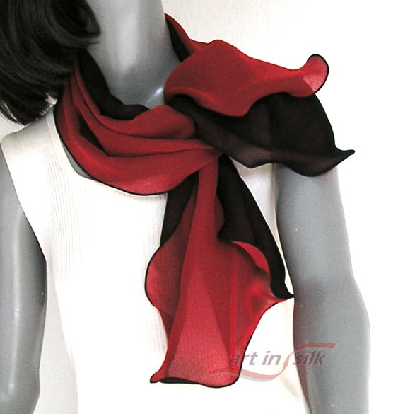Black Dark Red Silk Chiffon Scarf, Reversible Double Layer Pure Silk Chiffon, handcrafted, Artinsilk