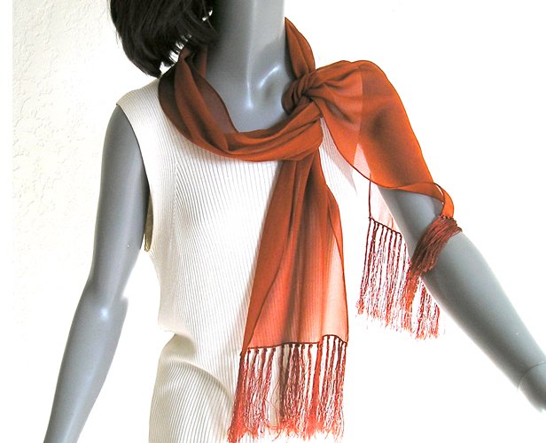 Burnt Orange Scarf, Rust Brick Silk Chiffon, 100% Silk Chiffon Rayon Fringes.