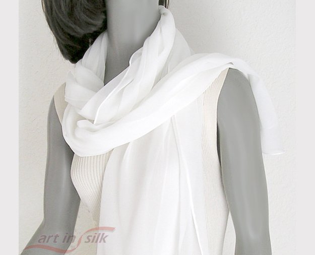 White Wrap Shawl Stole 100% Silk Chiffon Hand Hemmed, 20" x 84", ready to ship.