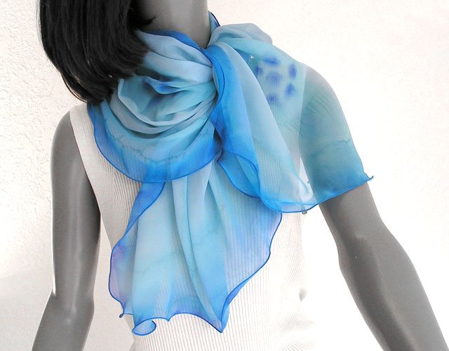 Hand Painted Silk Chiffon Scarf Light Blue with Cobalt Sapphire Accents, One of a Kind by Jossiani.
