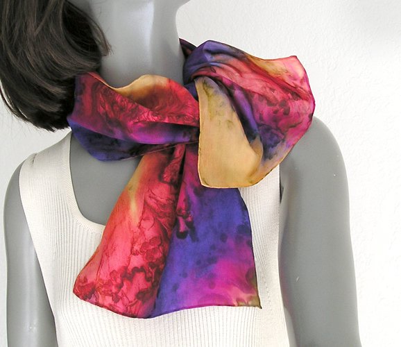 Neck Scarf Scarflette, Unique Hand Painted Silk Red Orange Pink, JOSSIANI