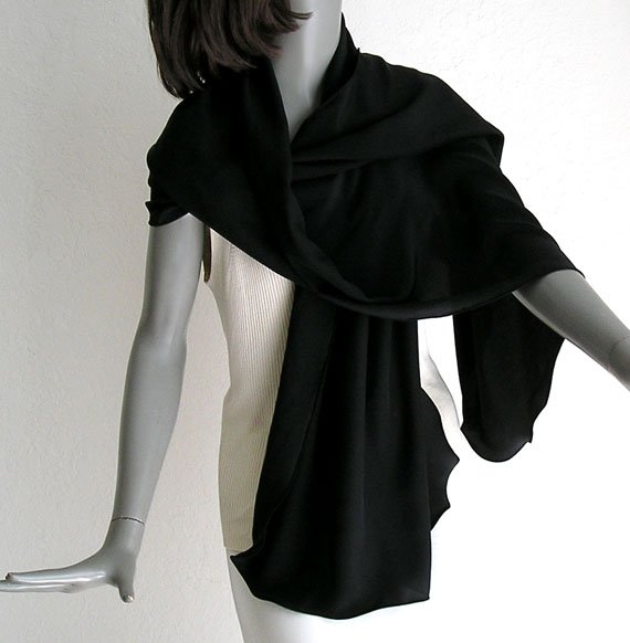 Black Silk Shawl Wrap, Natural Crepe 16mm, Evening Formal Wedding, 21"x70".