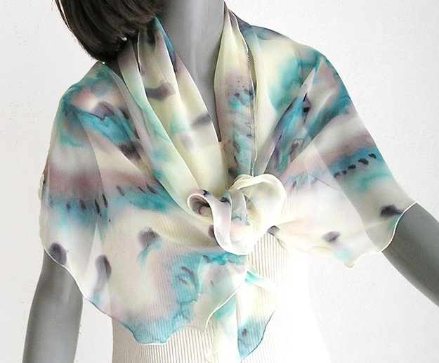 Champagne Unique Scarf, Pale yellow Hand Painted Silk Chiffon, JOSSIANI.