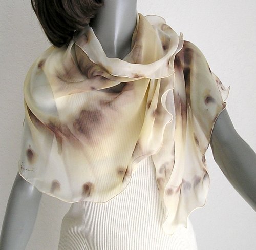 Unique Linen Brown Champagne Scarf, Earth Tones, Unique Hand Painted Silk, JOSSIANI.