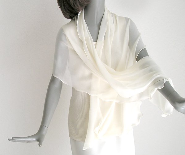 Ivory Silk Chiffon Wide Shawl Bridal Wrap, Formal Evening Stole 70" long, One of a Kind.