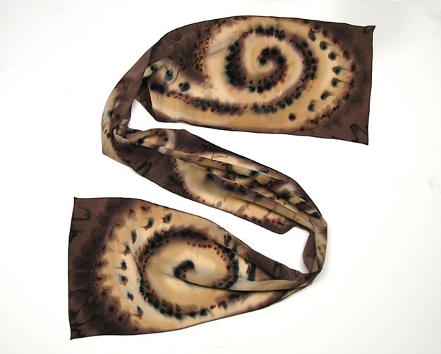 Long Hand Painted Silk Crepe Scarf, Brown Chocolate Black Cognac Rust Sand, JOSSIANI.
