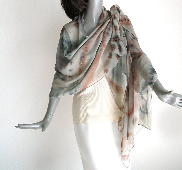Hand Painted Silk Chiffon Shawl, Muted Sage and Earth Tones, One of a kind by JOSSIANI.