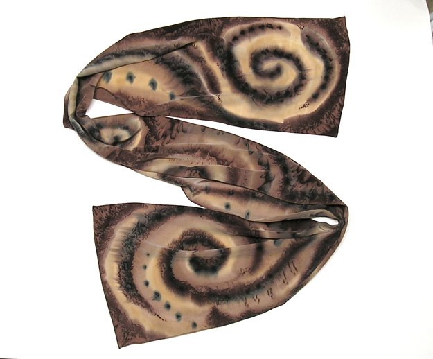 Hand Painted Silk Crepe Long Unique Scarf Brown Earth Tone, JOSSIANI.