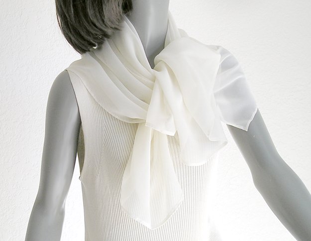Ivory Scarf 100% Silk Chiffon Unique Hand Dyed 25" x 42"..