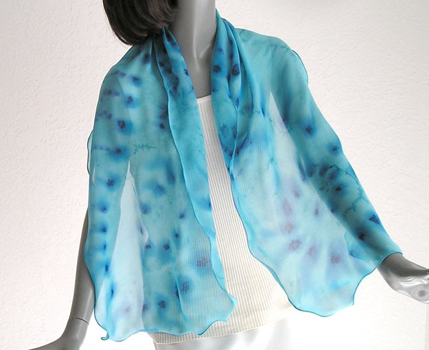 Turquoise Unique Scarf 100% Silk Teal Blue Hand Painted Chiffon by Jossiani, Made to Order