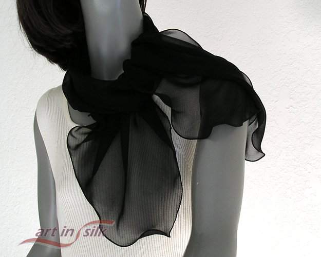 Black Chiffon Sheer Silk Scarf Pure Mulberry Natural Silk 11" x 43", Artisan Handmade.