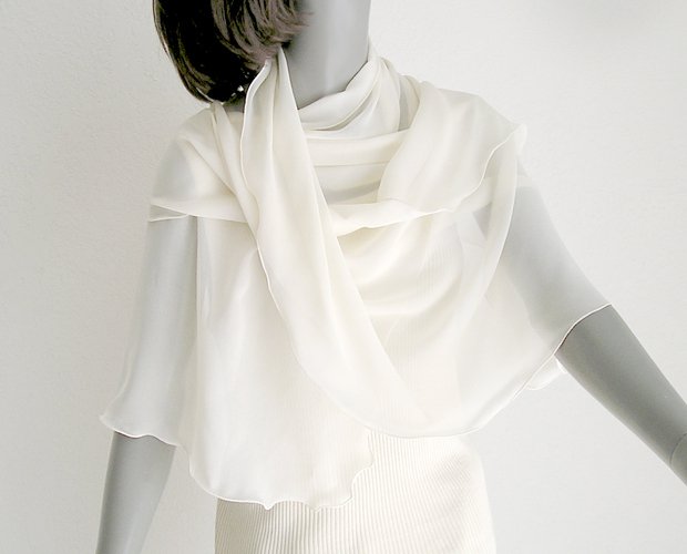 Bridal Coverup, Square Silk Scarf Natural White Silk Chiffon Scarf Shawl, 42" x 42" wavy soft edge.