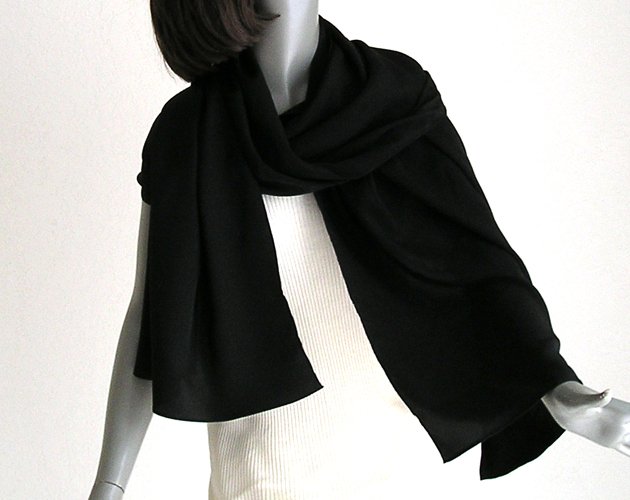 Long Black Silk Shaw, Solid Black Wrap, 100% Silk Crepe, 21" x 72", M Medium L Large.