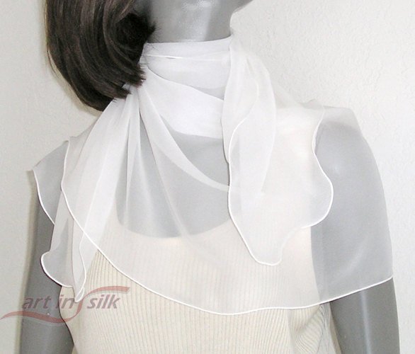 White Silk Chiffon Scarf, Petite White Scarf, Natural White Wrap, Bridal Scarf, 100% Silk 19x42"