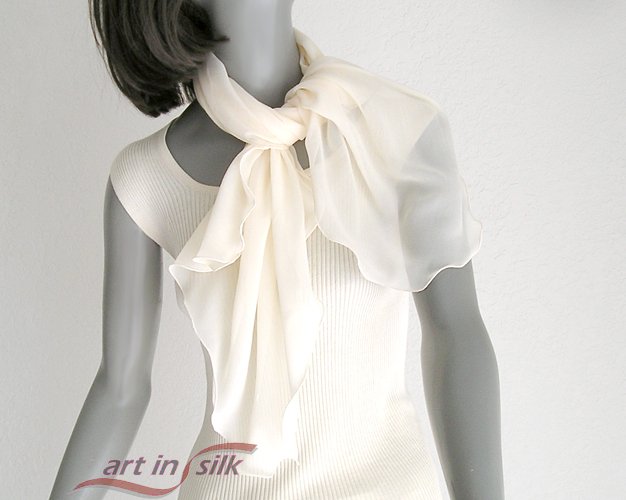 Light Ivory Scarf 100% Silk Chiffon Large Scarf, Unique Hand Dyed 20" x 40".