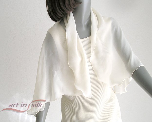 Light Ivory Silk Scarf, Natural 100% Silk Chiffon Scarf Shawl, 20" x 42" scalloped wavy edge.