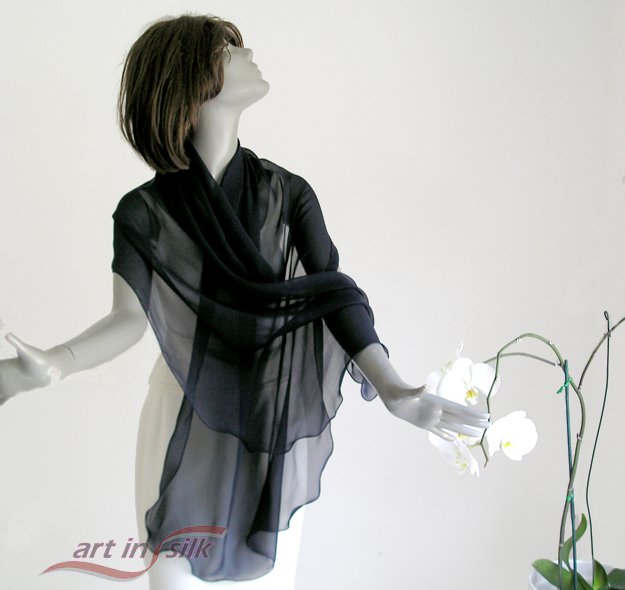 Black Chiffon Shawl Long Sheer Wrap 100% Silk 10mm 21" x 84".