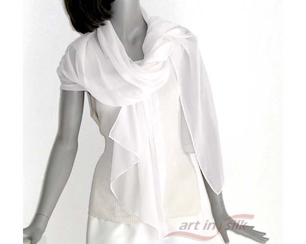 Bridal Coverup, Wedding Sheer Scarf, Pure Silk Chiffon Wrap, White Evening Shawl, Petite, Artinsilk.