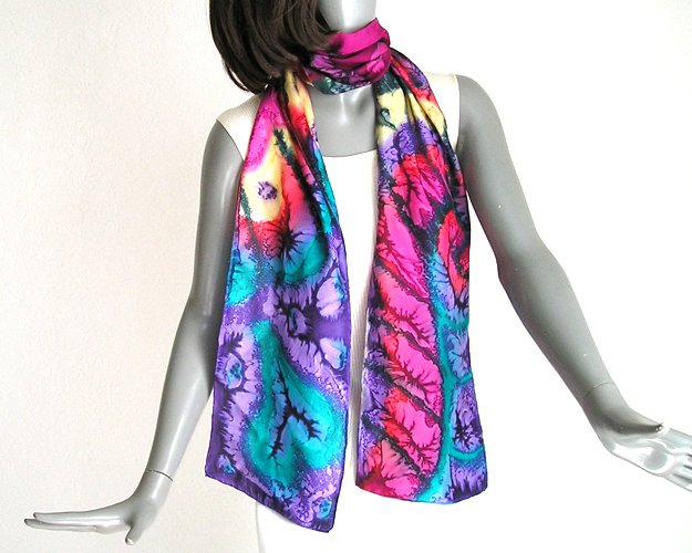 Multicolor Hand Painted Silk Scarf, Rainbow Purple red Emerald, by JOSSIANI
