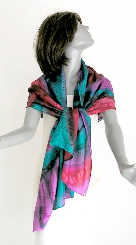 Hand Painted Silk Wrap Shawl Unique Multicolor Emerald Fuchsia Poppy Red by JOSSIANI