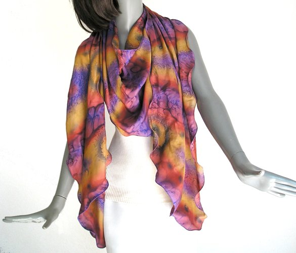 Hand Painted Silk Large Scarf Rust Copper Violet Ochre Purple, Unique Creation by JOSSIANI