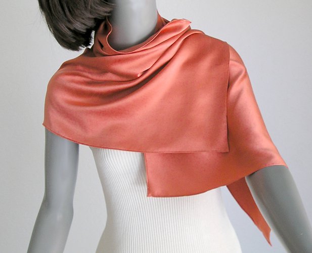 Coral Red Scarf, Tangerine, Sueded Silk Charmeuse One of a Kind, Pure Silk, Petite Small, Artinsilk.