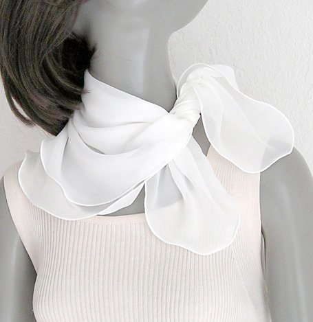 Natural White Silk Small Scarf, Square Neck Scarflette Chiffon 22" x 22"