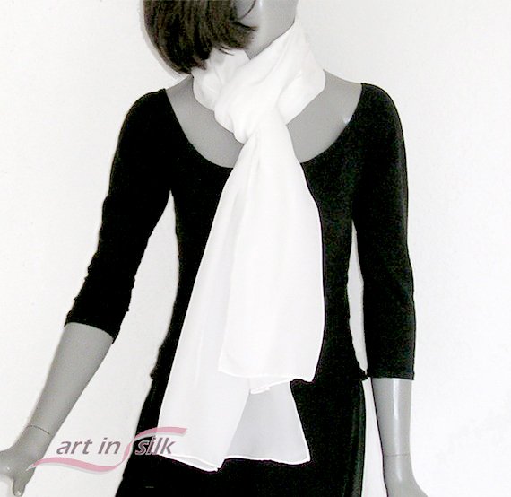 White Silk Scarf, Pure Crepe Natural Silk, Hand Hemmed, Men Women Unisex, Ready to Ship.