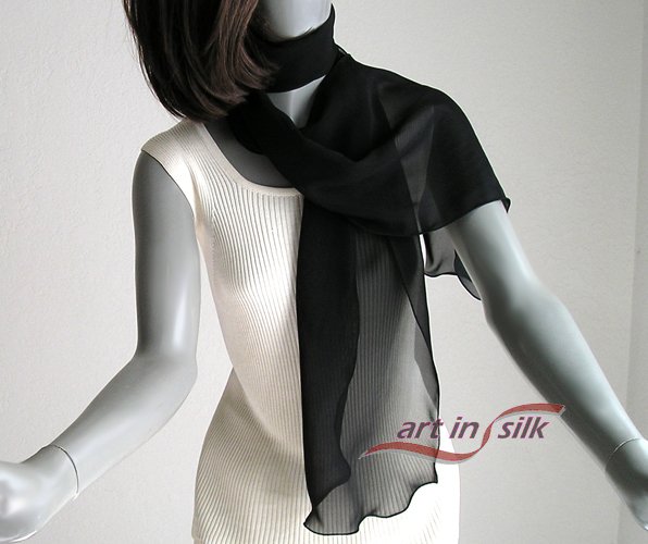 Long Sheer Scarf Black Chiffon 10mm Pure Silk 16"x72", One Size, Artisan Handmade.