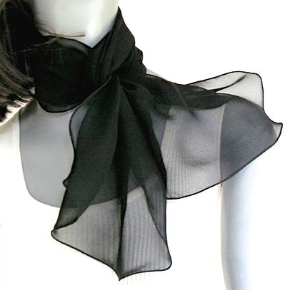 Small Chiffon Black Scarf Scarflette Pure Mulberry Silk, Ready to Ship