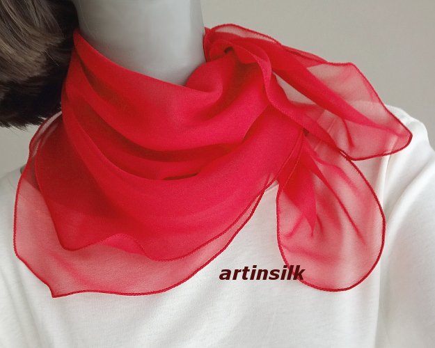 Small Red Chiffon Neck Scarf, Beautiful true red, Sheer Chiffon, Artinsilk