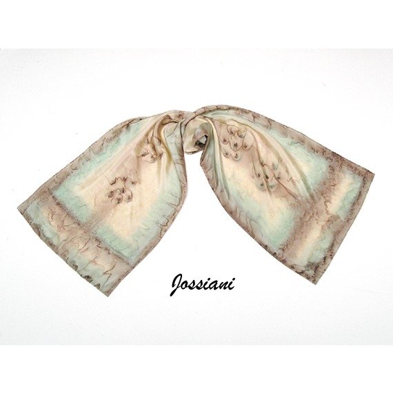 Beige Ecru Scarf, Unique Earth Truffle Dried Herbs Muted Colors, Hand Painted by JOSSIANI.