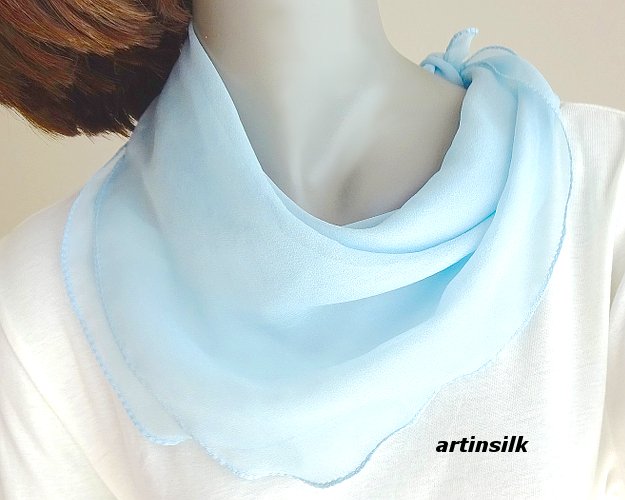 Small Sky Blue Chiffon Neck Scarf, Light Solid Powder Blue, Sheer Chiffon, Artinsilk