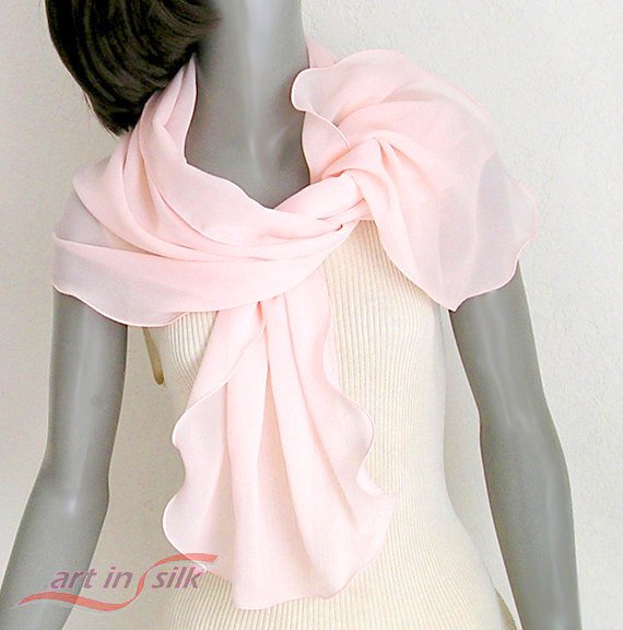 Light Peach Pink Scarf, Petite Wrap Coverup, Unique Hand Dyed in Pure Silk Chiffon Wrap, Artinsilk.