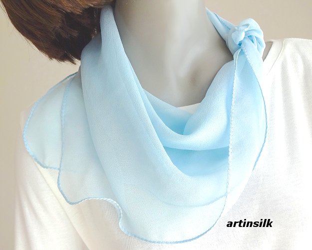 Light Blue Small Neck Scarf Sllk Chiffon, Light Solid Powder Blue, Sheer Chiffon, Artinsilk