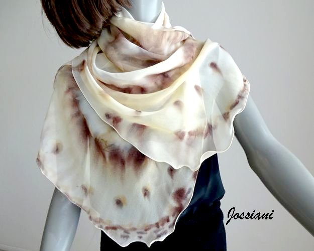 Hand Painted Scarf Wrap Pure Silk Chiffon, Beige Ivory Earth Champagne Brown Coverup, JOSSIANI.